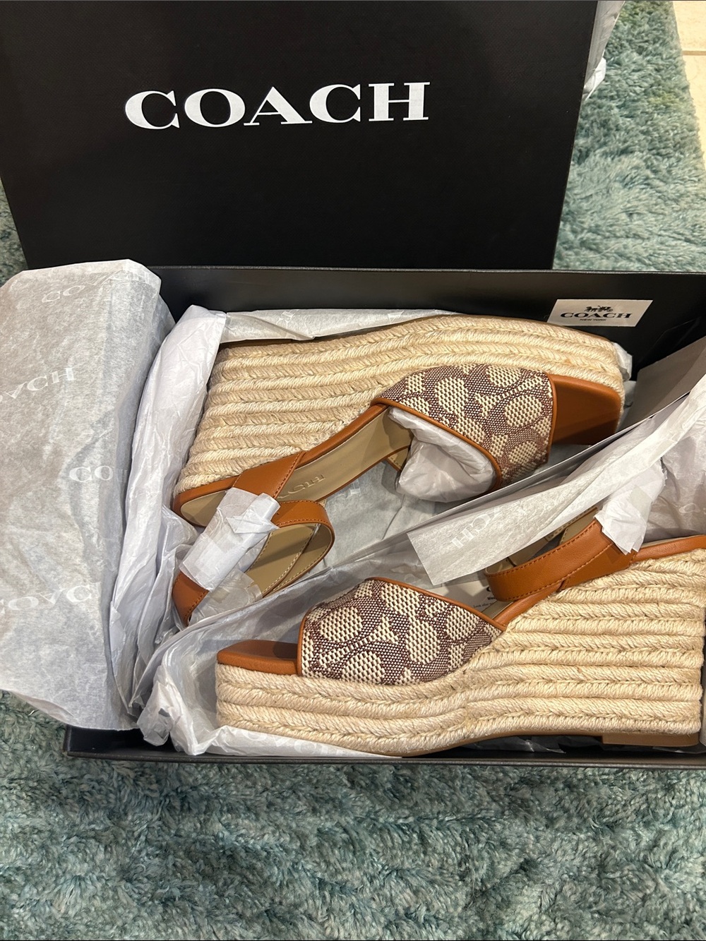 Coach Brown and Cream Signature Canvas Wedge Sandals - Picture 3 of 6